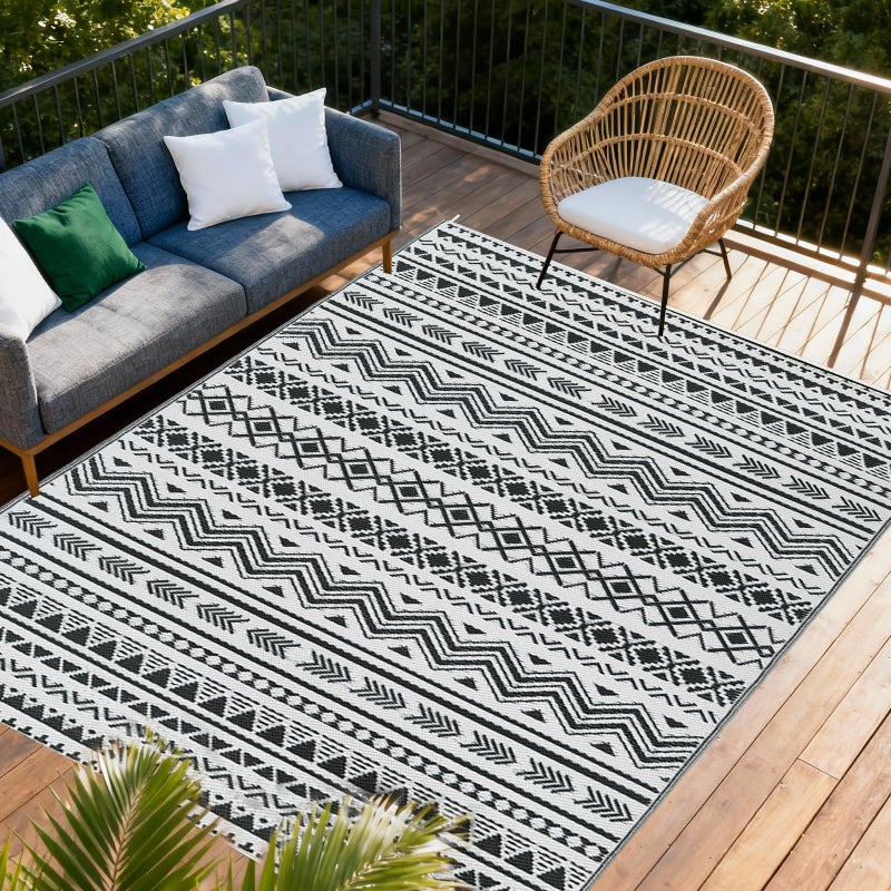 WILDROOTS 5x8 Feet Black and White Plastic Outdoor Rug, Stain Resistant Waterproof Reversible Outdoor Patio Rug, Fade Resistant Camping Rug - Image 1