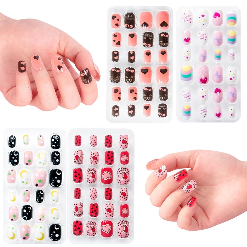 DHANABAPA DHANABAPA Children Nails Press On Preglue Full Cover Fake Artificial False Nail Tips Colored Heart Doughnut Cloud Unicorn Short False Nail Kits Gifts for Kids Teenager Girls 48 pcs Multicolor  - Image 1