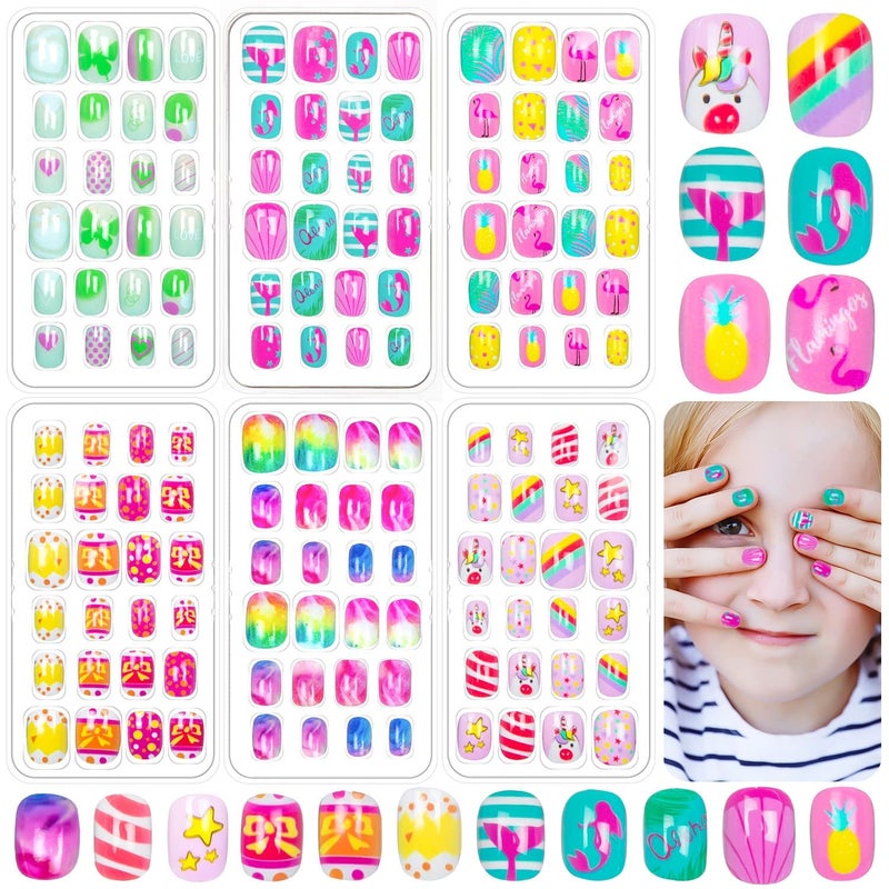 DHANABAPA DHANABAPA Children Nails Press On Preglue Full Cover Fake Artificial False Nail Tips Colored Heart Doughnut Cloud Unicorn Short False Nail Kits Gifts for Kids Teenager Girls 48 pcs Multicolor  - Image 3