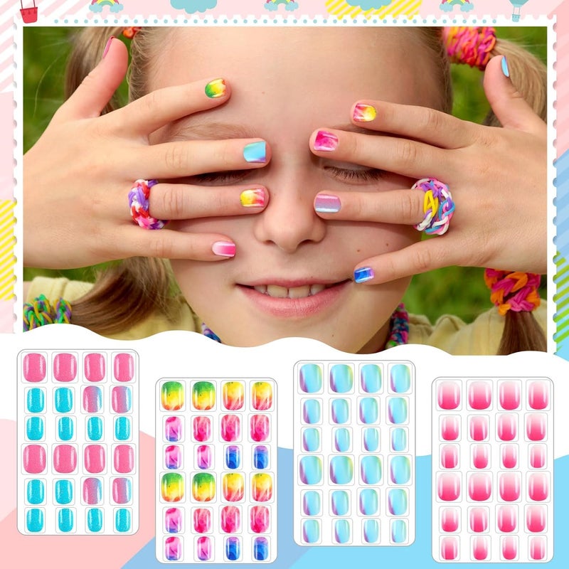 DHANABAPA DHANABAPA Children Nails Press On Preglue Full Cover Fake Artificial False Nail Tips Colored Heart Doughnut Cloud Unicorn Short False Nail Kits Gifts for Kids Teenager Girls 48 pcs Multicolor  - Image 2
