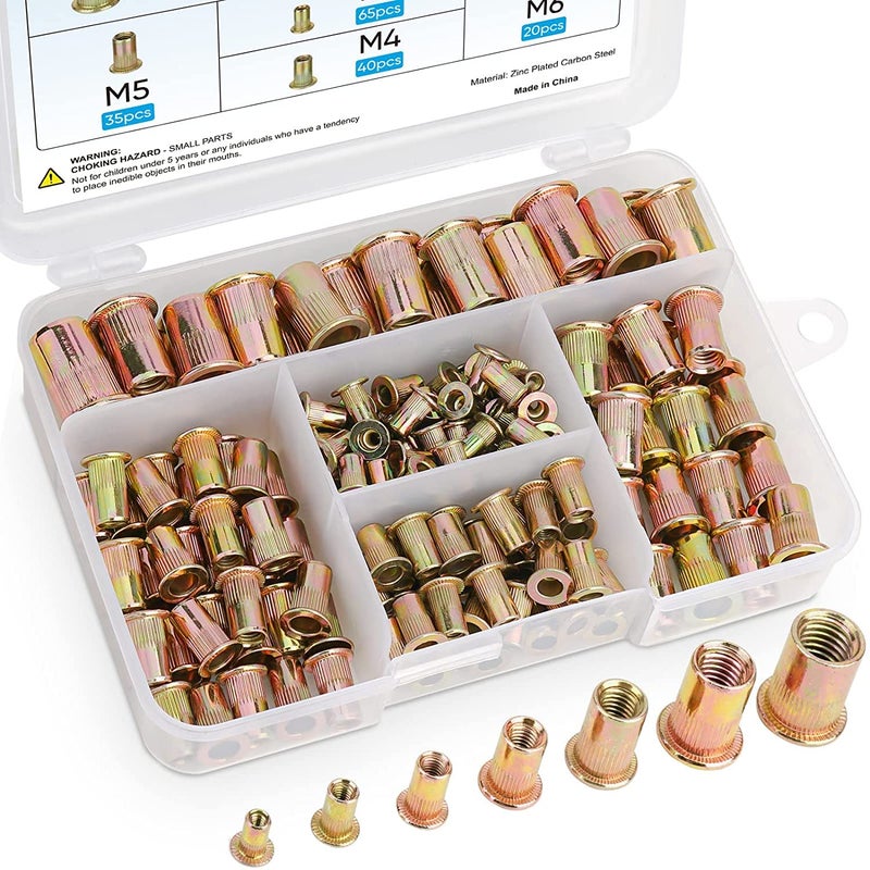 KASTWAVE Metric Rivet Nut Kit, Heavy Duty Zinc Plated Carbon Steel Flat Head Insert Nut with Knurled Body (Metric Assortment Kit M3, M4, M5, M6, M8, M10, and M12) - Image 1