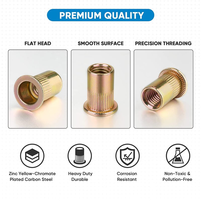 KASTWAVE Metric Rivet Nut Kit, Heavy Duty Zinc Plated Carbon Steel Flat Head Insert Nut with Knurled Body (Metric Assortment Kit M3, M4, M5, M6, M8, M10, and M12) - Image 2