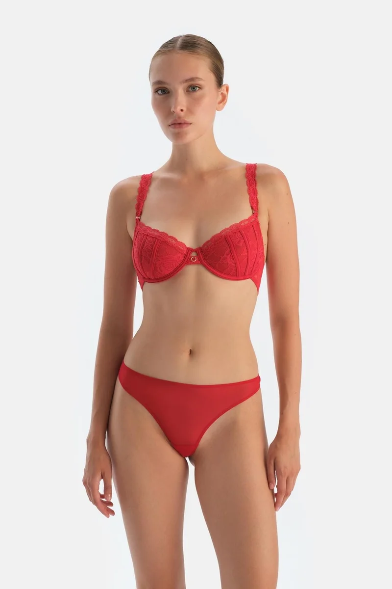 dagi Red Back Accessory Detailed Tulle Thong Panties