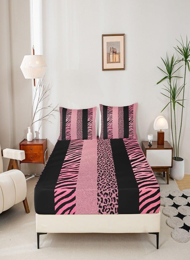 Homewish Pink Leopard Print Kids Sheet Full Size,Zebra Skin Texture Bedding Set,Girls Boys Adults Room Decor,Abstract Animals Skin Stripes Fashion Romantic Bed Sheet Set 4pcs(Fitted + Flat + 2 Pillowcases) - Image 5