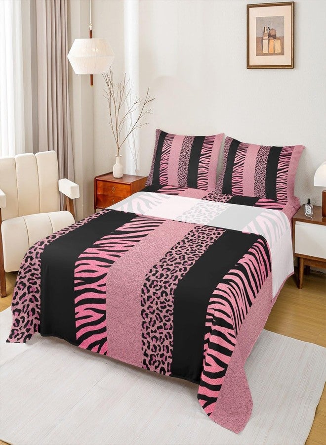 Homewish Pink Leopard Print Kids Sheet Full Size,Zebra Skin Texture Bedding Set,Girls Boys Adults Room Decor,Abstract Animals Skin Stripes Fashion Romantic Bed Sheet Set 4pcs(Fitted + Flat + 2 Pillowcases) - Image 1