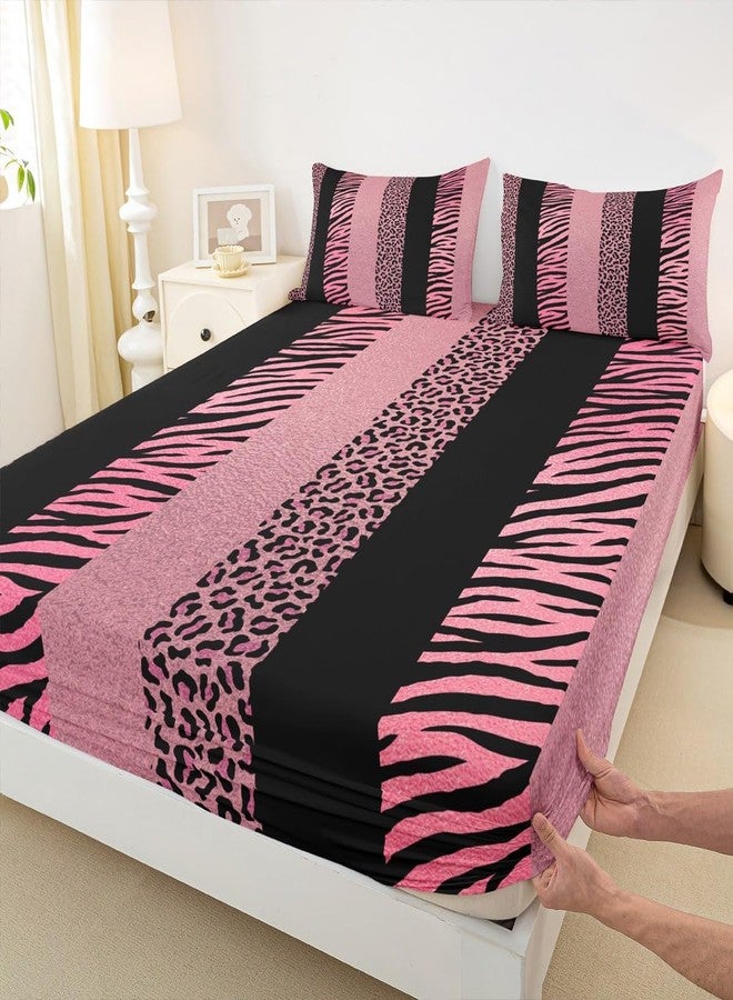 Homewish Pink Leopard Print Kids Sheet Full Size,Zebra Skin Texture Bedding Set,Girls Boys Adults Room Decor,Abstract Animals Skin Stripes Fashion Romantic Bed Sheet Set 4pcs(Fitted + Flat + 2 Pillowcases) - Image 4