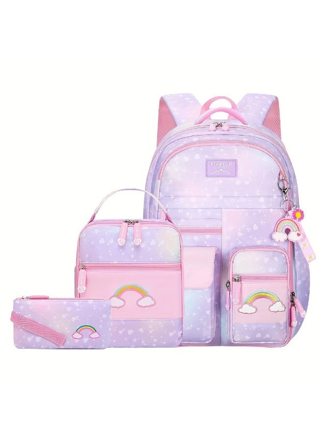 3PCS Girls School Backpack Rainbow 8-12 Years Waterproof Lightweight Spine-Protective Breathable Wear-Resistant - Image 1