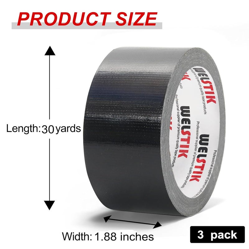 WELSTIK 3 pack Duct Tape,1.88 in x 30 yd Waterproof Tape Fabric Coloured Gaffer Tape for Repairs, DIY, Crafts, Indoor and Outdoor Use，Black - Image 2