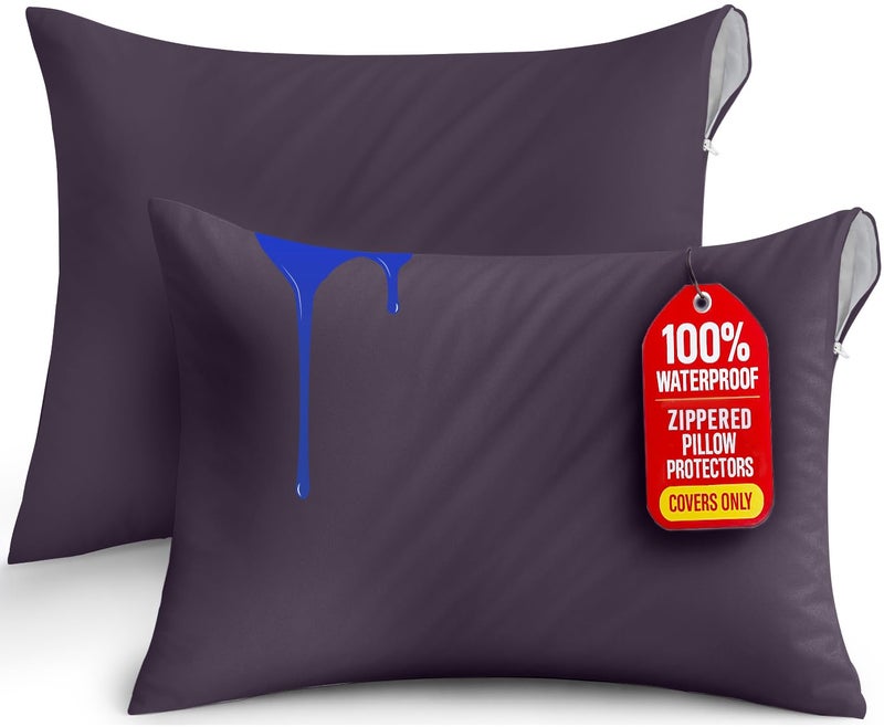 Utopia Bedding Waterproof Pillow Protectors Zippered Standard Size 2 Pack Purple Zippered Pillowcases Bed Bug Proof Pillow Encasement Covers 20 x 26 Inches