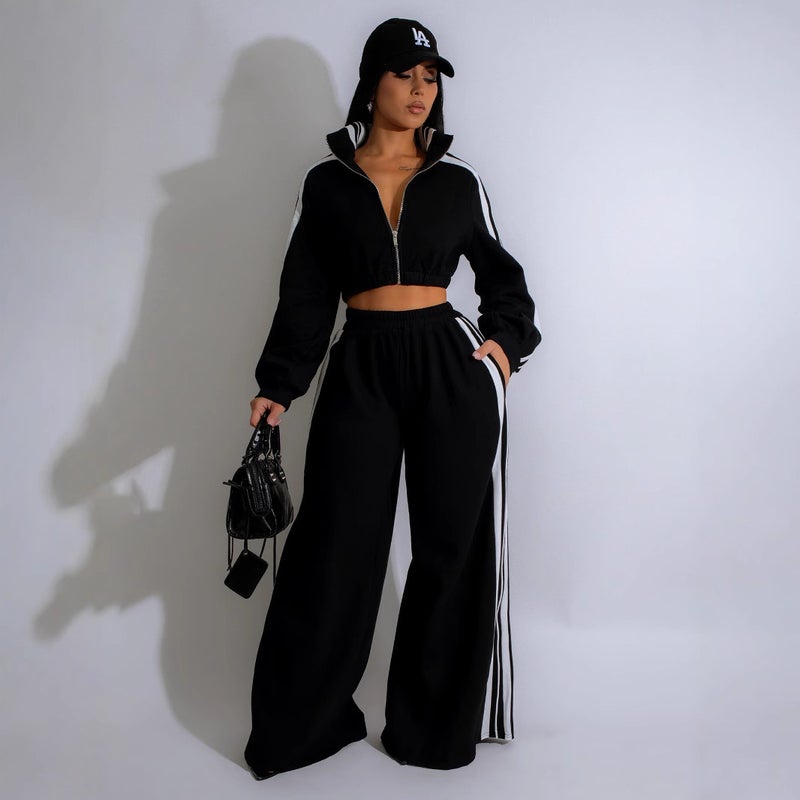 Women's Casual Striped Zip-Up Hoodie & Jogger Set - Image 2