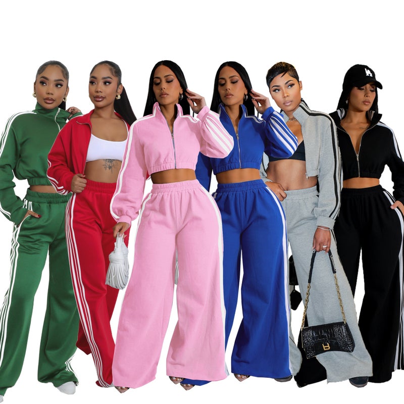 Women's Casual Striped Zip-Up Hoodie & Jogger Set - Image 1