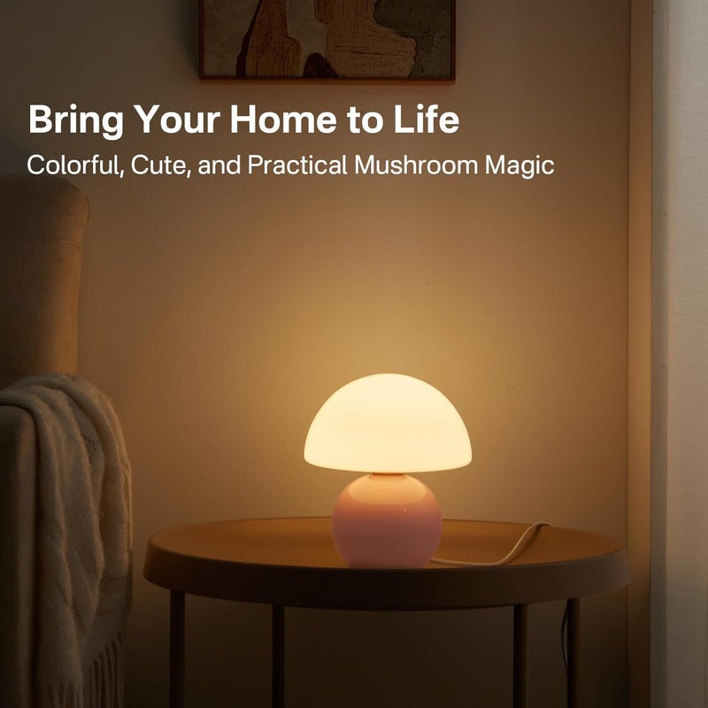 Dawnwake Mushroom Lamp Small Lamp, Table Bedside Nightstand Lamp for Bedroom, Cute Mini Modern Lamp Dimmable, Unique Aesthetic Home Decor for Living Room Girl Gifts, Ceramic Base Glass Lamp(Pink) - Image 2