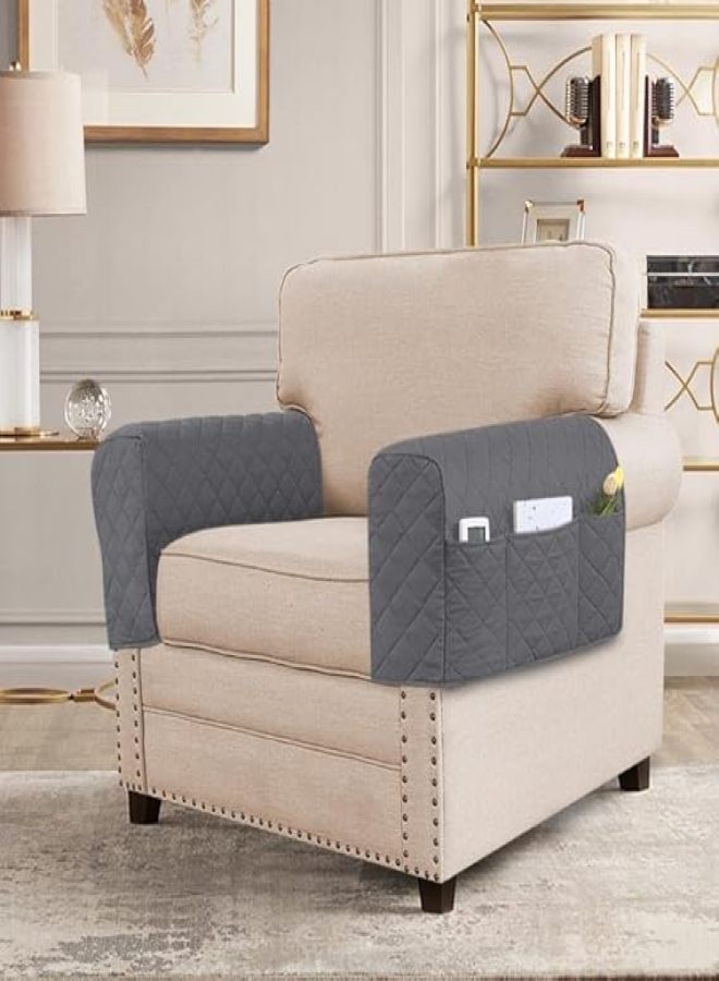 Waterproof Sofa Armrest Protectors (Gray) with 3 Phone Pockets, Suitable for Sofas and Chairs, Pet-Proof and Scratch-Resistant 2PCS - Image 2