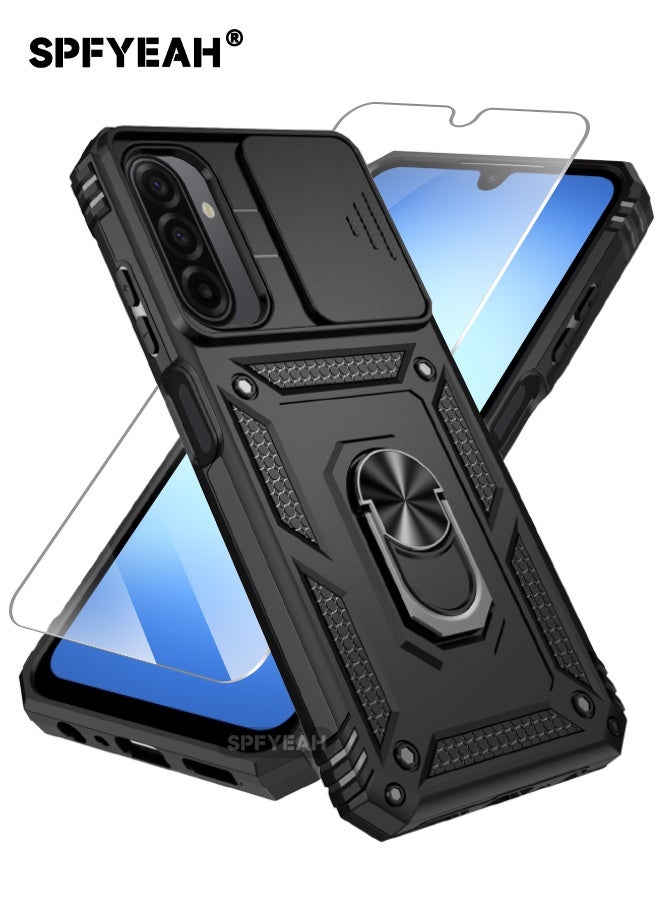 SPFYEAH [2-in-1] Samsung Galaxy A17 Cover with HD Tempered Glass Screen Protector, Slide Camera Cover, Built-in 360° Rotate Ring Kickstand, Heavy Duty Shockproof Drop Proof Case for Samsung Galaxy A17 6.7 inch (Black, 1+1 Pack) - Image 1