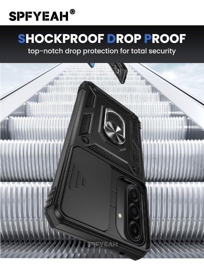 SPFYEAH [2-in-1] Samsung Galaxy A17 Cover with HD Tempered Glass Screen Protector, Slide Camera Cover, Built-in 360° Rotate Ring Kickstand, Heavy Duty Shockproof Drop Proof Case for Samsung Galaxy A17 6.7 inch (Black, 1+1 Pack) - Image 4