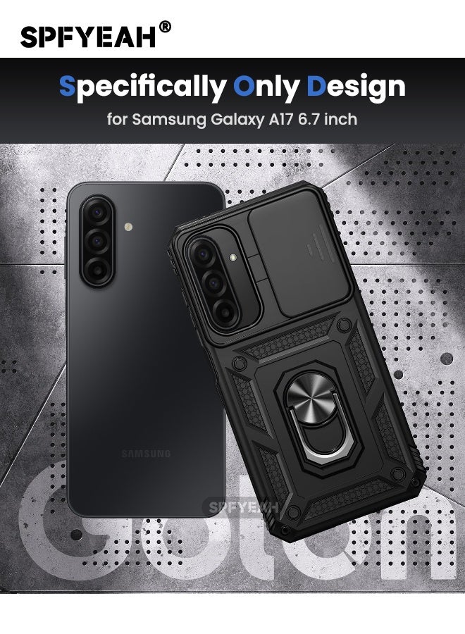 SPFYEAH [2-in-1] Samsung Galaxy A17 Cover with HD Tempered Glass Screen Protector, Slide Camera Cover, Built-in 360° Rotate Ring Kickstand, Heavy Duty Shockproof Drop Proof Case for Samsung Galaxy A17 6.7 inch (Black, 1+1 Pack) - Image 2