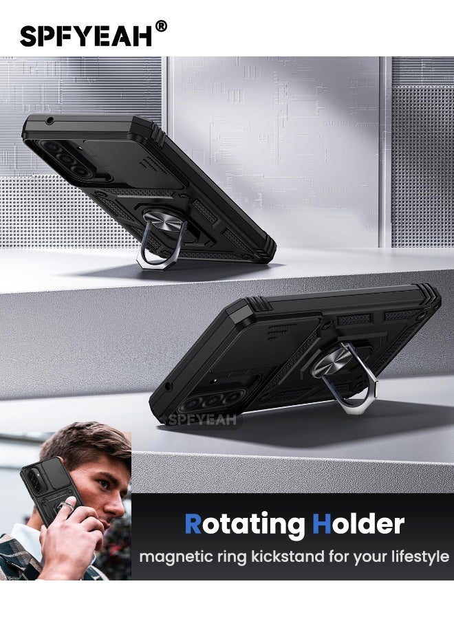 SPFYEAH [2-in-1] Samsung Galaxy A17 Cover with HD Tempered Glass Screen Protector, Slide Camera Cover, Built-in 360° Rotate Ring Kickstand, Heavy Duty Shockproof Drop Proof Case for Samsung Galaxy A17 6.7 inch (Black, 1+1 Pack) - Image 5