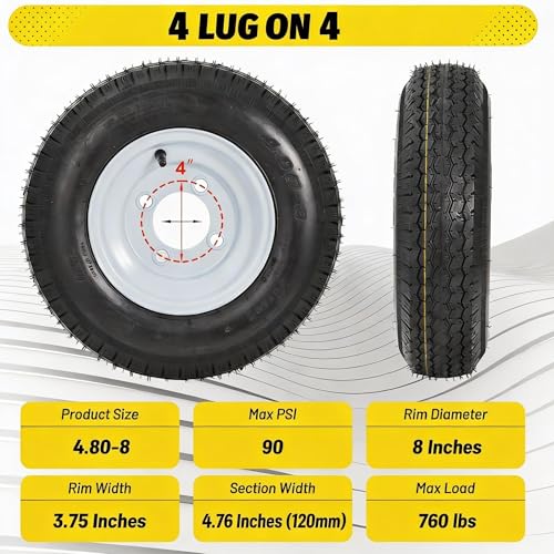 GarveeTech 2PCS 4.80-8 480-8 4.80 x 8 with 4 Lug Trailer Tire, Max Load 760 LBS 90PSI, Center Bore 2.85", 2 Pack 4.80 8 Tires with 4 Lug on 4 inch, Muti Function Lawn Mower & Tractor Turf & Boat Tire - Image 2