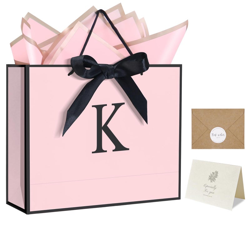 QLSKO Personalized Initial Paper Bag for Women Grils,Monogrammed Gift Bag with Bow Ribbon,Wrapping Tissue and Card Matching Envelope Sticker (Pink, K-Medium) - Image 1