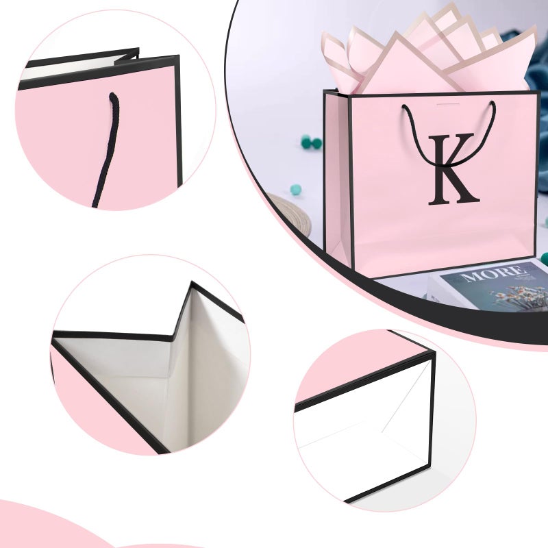QLSKO Personalized Initial Paper Bag for Women Grils,Monogrammed Gift Bag with Bow Ribbon,Wrapping Tissue and Card Matching Envelope Sticker (Pink, K-Medium) - Image 3
