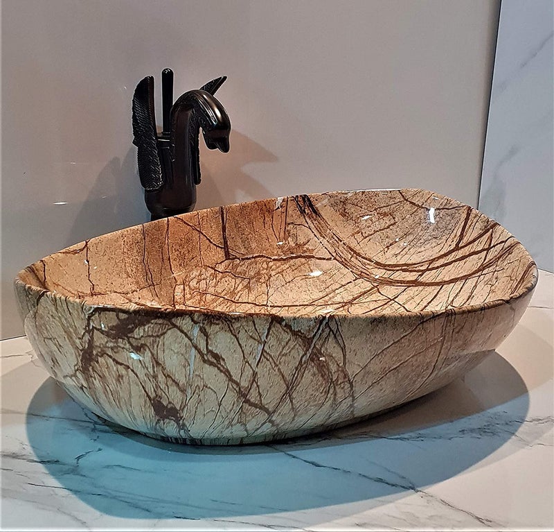 B BACKLINE ب بكلين خط خلفي طاولة قمة حوض غسيل سيراميك مصمم فني حوض وعاء حواف رفيعة لحوض الحمام 21 × 15 × 6 بوصة - Image 1