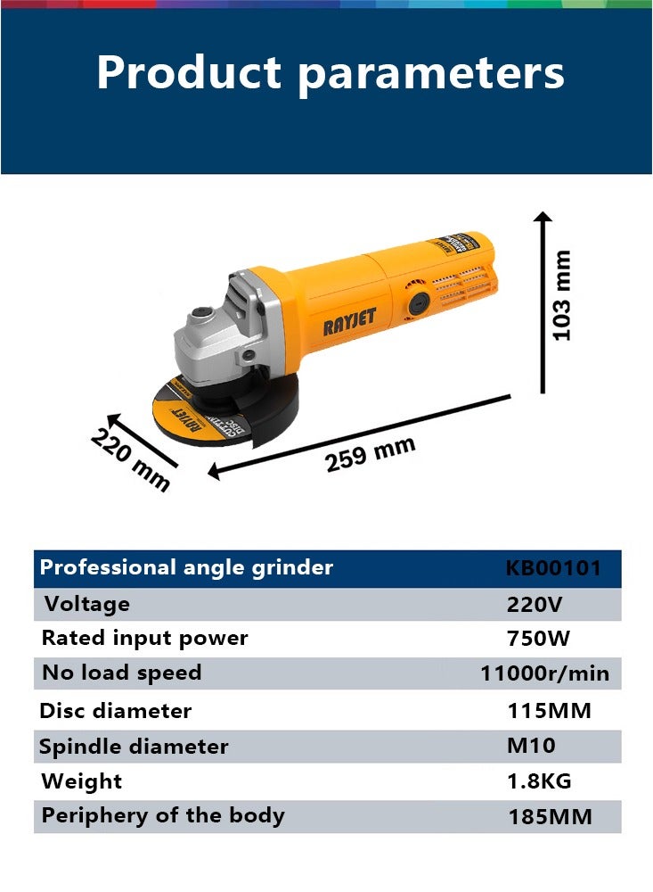 RAYJET Angle Grinder, Corded Cutting Sanding and Polishing, Side Handle, 750W, Tool-free Guard Adjustment, 2-Position Side Handle, For Metal Grinding and Cutting, Orange/Black - Image 5
