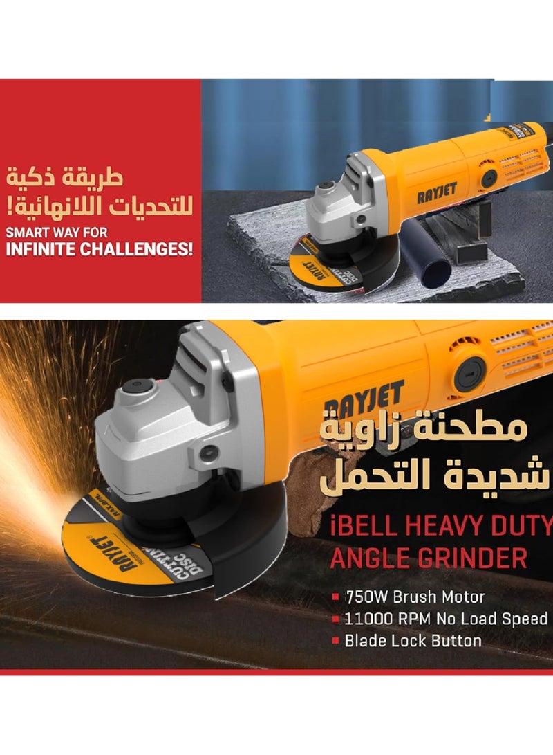 RAYJET Angle Grinder, Corded Cutting Sanding and Polishing, Side Handle, 750W, Tool-free Guard Adjustment, 2-Position Side Handle, For Metal Grinding and Cutting, Orange/Black - Image 3