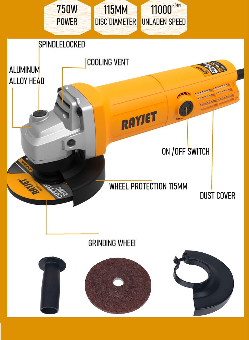 RAYJET Angle Grinder, Corded Cutting Sanding and Polishing, Side Handle, 750W, Tool-free Guard Adjustment, 2-Position Side Handle, For Metal Grinding and Cutting, Orange/Black - Image 1