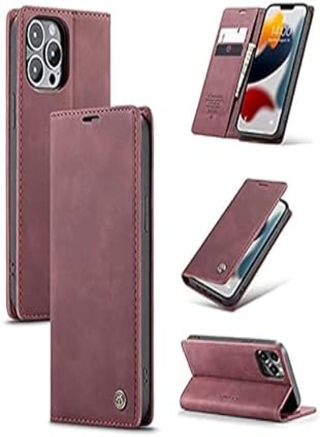 - For iPhone 13 Pro Max Flip Case Wallet Protection Leather Cover with Card Holder (Red) 