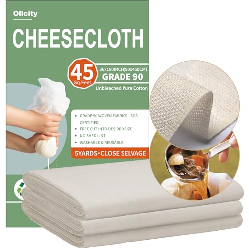 Olicity Cheese Cloths, Grade 90, 45 Sq Feet, Reusable Cheese Cloth with Closed Edges Unbleached Cotton Cheesecloth for Straining, Fine Mesh Fabric Muslin Cloth for Cooking, Baking, Milk,Crafts-5 Yards - Image 1