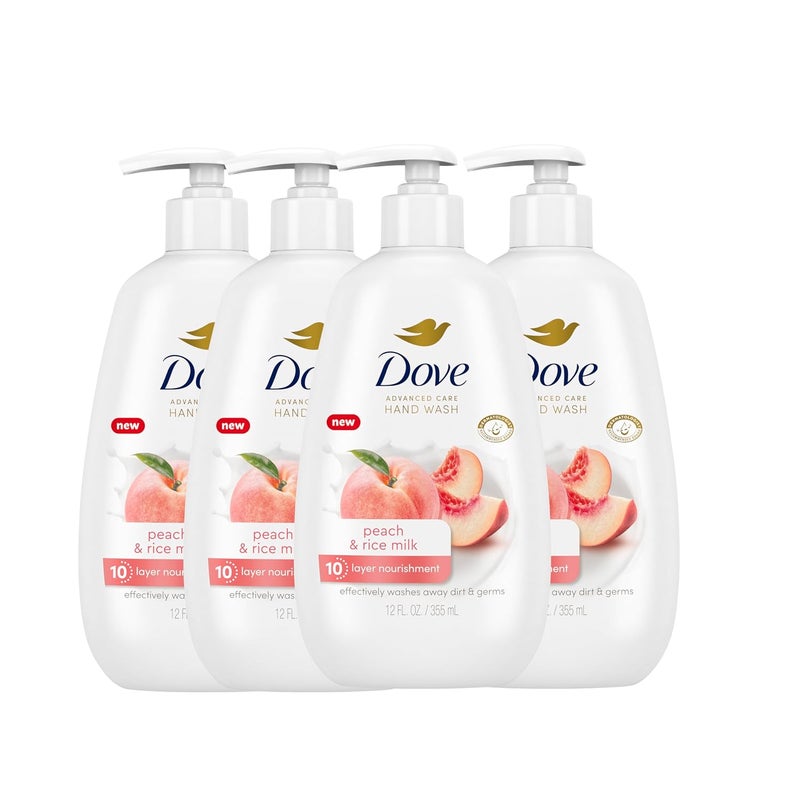 Dove Advanced Care Hand Wash Peach  Rice Milk 4 Count for Washing Away Dirt  Germs While Nourishing Skin 10 Layers Deep with Moisture Boost 5X Complex