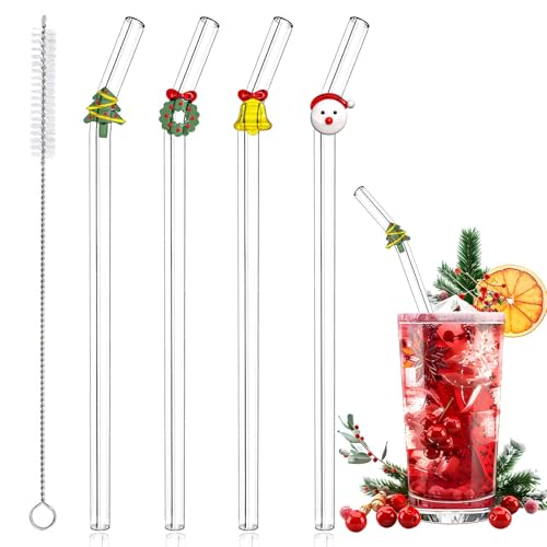 Eremaoy 4 Pcs Christmas Reusable Glass Straws Cute Christmas Shaped with Cleaning Brush for Coffee Smoothies Milkshake Glass Straws with Charms for Xmas Party and Decoration - Image 1