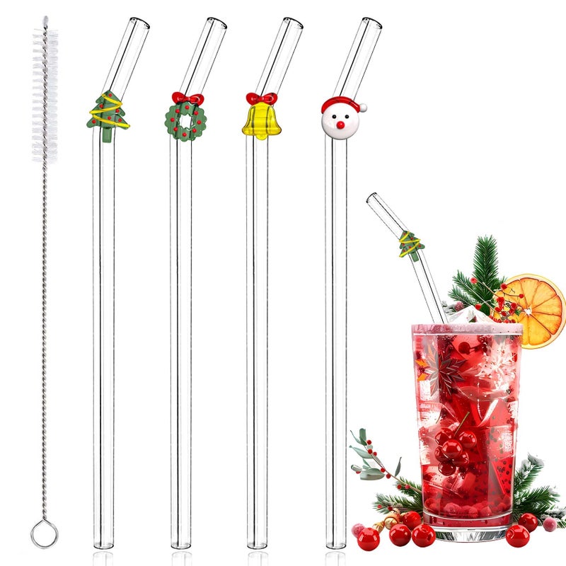 Eremaoy 4 Pcs Christmas Reusable Glass Straws Cute Christmas Shaped with Cleaning Brush for Coffee Smoothies Milkshake Glass Straws with Charms for Xmas Party and Decoration - Image 2