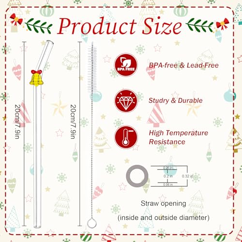 Eremaoy 4 Pcs Christmas Reusable Glass Straws Cute Christmas Shaped with Cleaning Brush for Coffee Smoothies Milkshake Glass Straws with Charms for Xmas Party and Decoration - Image 3