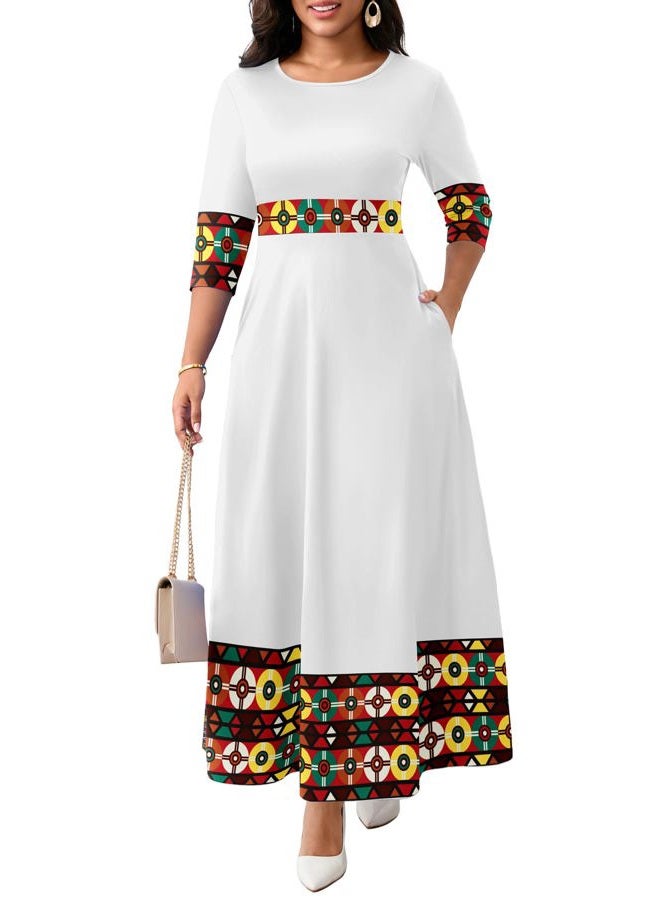 FANDEE Casual Maxi Dresses for Women Elegant 3/4 Sleeve Round Neck Africa Print Church Dress with Pocket, White Print, XL - Image 1