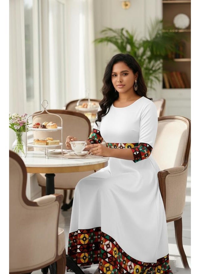 FANDEE Casual Maxi Dresses for Women Elegant 3/4 Sleeve Round Neck Africa Print Church Dress with Pocket, White Print, XL - Image 5