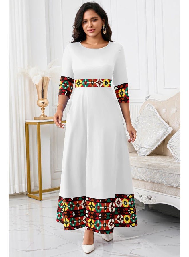 FANDEE Casual Maxi Dresses for Women Elegant 3/4 Sleeve Round Neck Africa Print Church Dress with Pocket, White Print, XL - Image 2