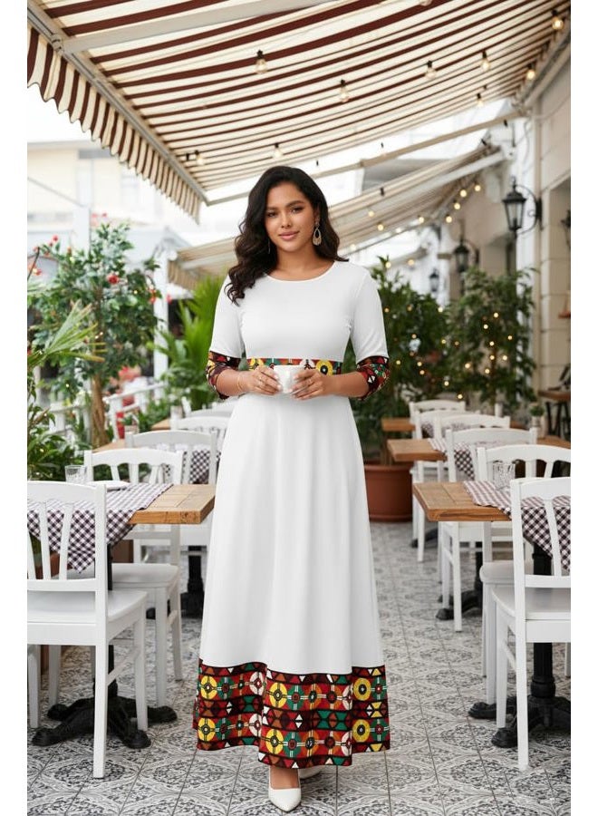 FANDEE Casual Maxi Dresses for Women Elegant 3/4 Sleeve Round Neck Africa Print Church Dress with Pocket, White Print, XL - Image 4