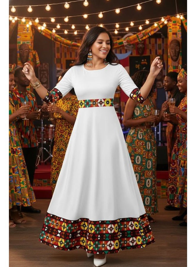 FANDEE Casual Maxi Dresses for Women Elegant 3/4 Sleeve Round Neck Africa Print Church Dress with Pocket, White Print, XL - Image 3