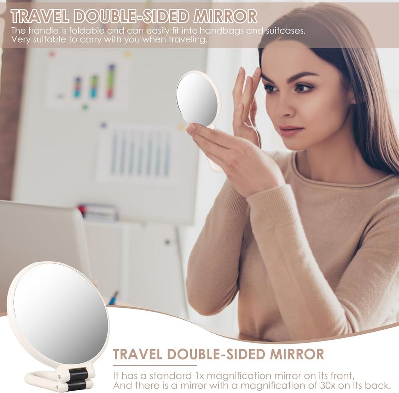 windforgecraft Travel Hand Mirrors with Handle 30X/1X Double-Sided Hand Held Magnified Mirror Hand Held Mirror for Eyes Makeup Travel Magnifying Mirror Hand Held Foldable Travel Mirror for Makeup (White) - Image 2