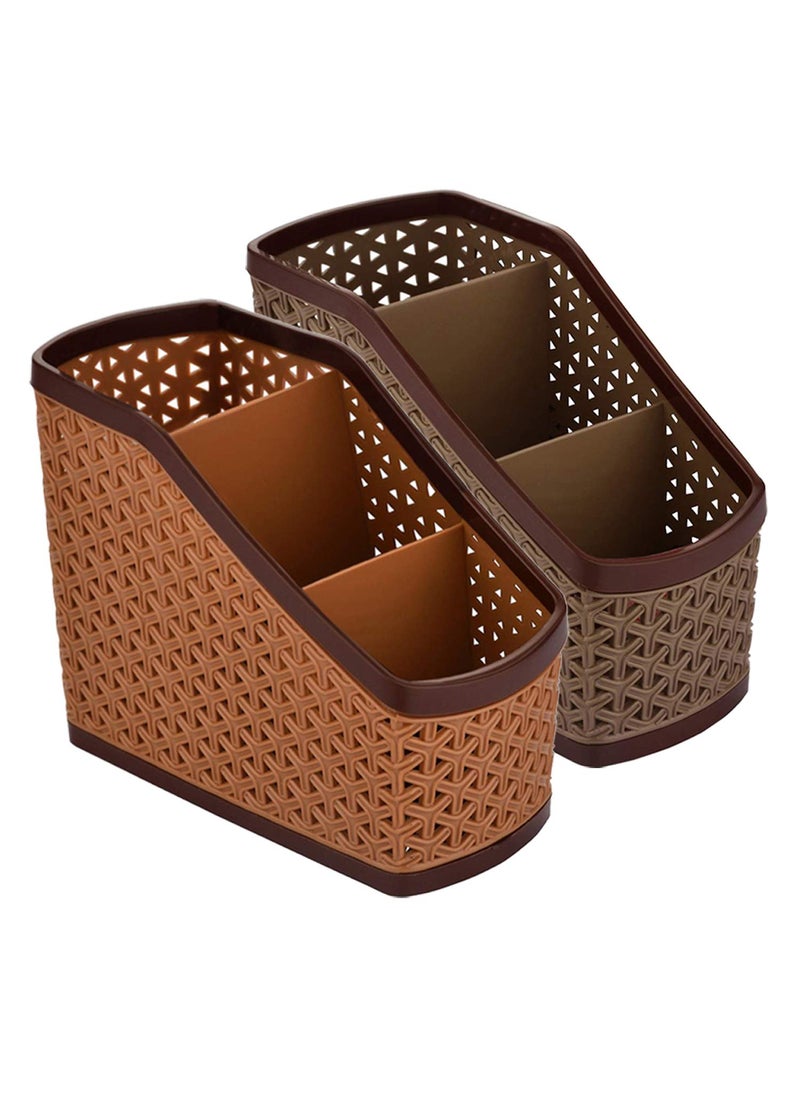 Kuber Industries Kuber Industries Plastic 2 Pieces Multi-Purpose Compact Desk Storage Organizer Stationary Box for Case Pen Pencil Holder, Plastic Cosmetics, Make Up Organizer Container (Brown & Beige) KUBMART3237 