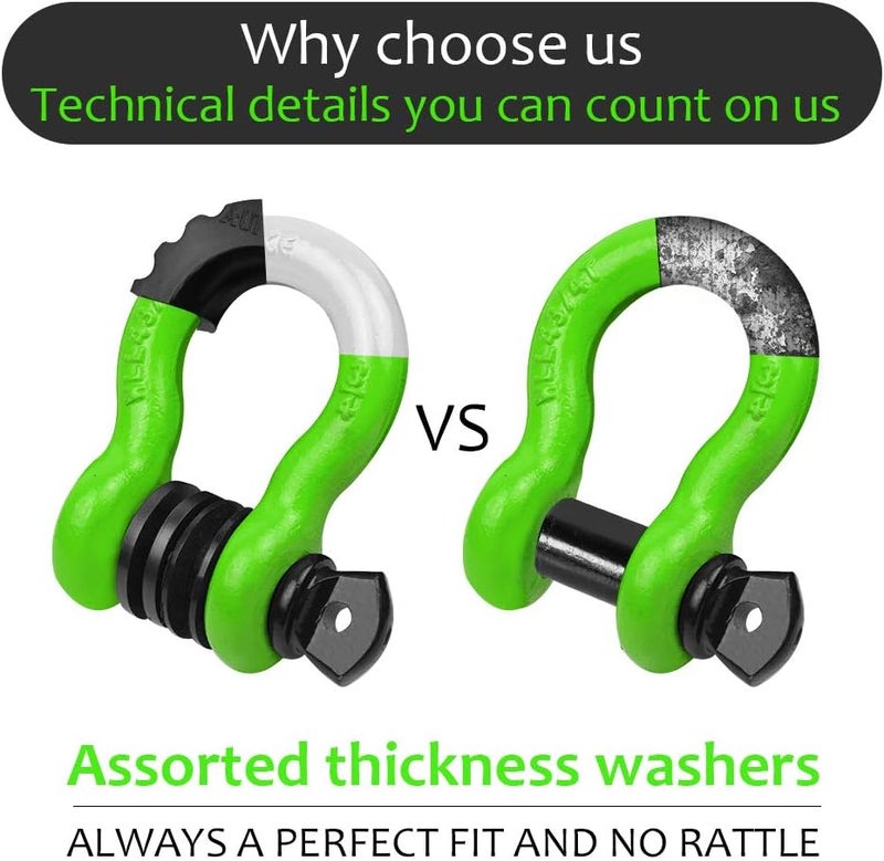 AUTOBOTS Shackles 3/4" (2 Pack), D Ring Shackle 45,000Ib Max Break Strength with 7/8" Pin & Isolator Washers Heavy Duty Clevis Tow Shackle for Tow Strap Jeep Vehicle Off Road Recovery Green-Black - Image 4