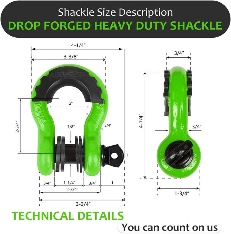AUTOBOTS Shackles 3/4" (2 Pack), D Ring Shackle 45,000Ib Max Break Strength with 7/8" Pin & Isolator Washers Heavy Duty Clevis Tow Shackle for Tow Strap Jeep Vehicle Off Road Recovery Green-Black - Image 2