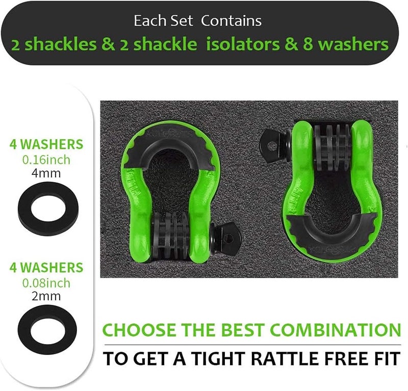 AUTOBOTS Shackles 3/4" (2 Pack), D Ring Shackle 45,000Ib Max Break Strength with 7/8" Pin & Isolator Washers Heavy Duty Clevis Tow Shackle for Tow Strap Jeep Vehicle Off Road Recovery Green-Black - Image 3