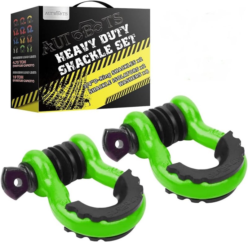 AUTOBOTS Shackles 3/4" (2 Pack), D Ring Shackle 45,000Ib Max Break Strength with 7/8" Pin & Isolator Washers Heavy Duty Clevis Tow Shackle for Tow Strap Jeep Vehicle Off Road Recovery Green-Black - Image 1
