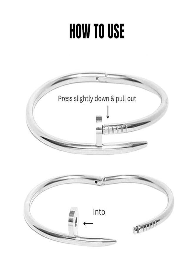 Okos Rhodium Plated Fashion Jewellery Stainless Steel Anti Tarnish Nail Style Cuff Bangle Bracelet Girls and Women BR1000058RHD - Image 2