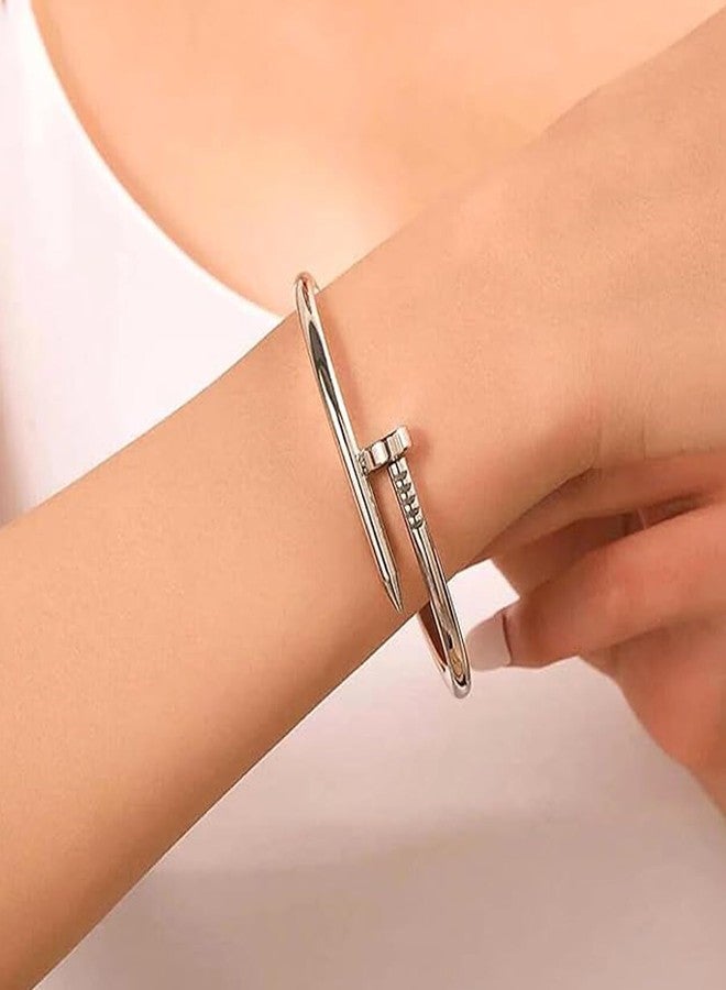 Okos Rhodium Plated Fashion Jewellery Stainless Steel Anti Tarnish Nail Style Cuff Bangle Bracelet Girls and Women BR1000058RHD - Image 5