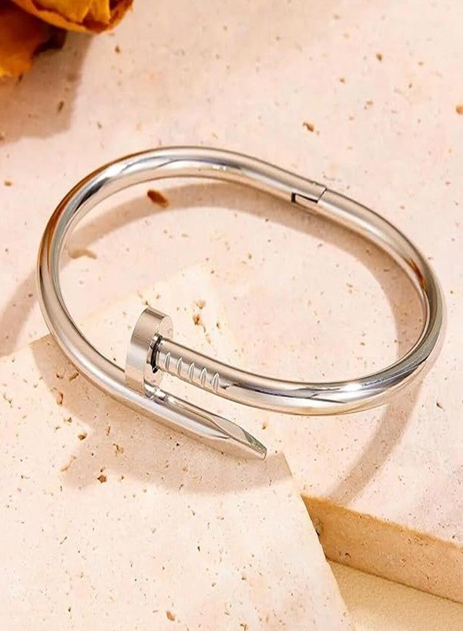 Okos Rhodium Plated Fashion Jewellery Stainless Steel Anti Tarnish Nail Style Cuff Bangle Bracelet Girls and Women BR1000058RHD - Image 3