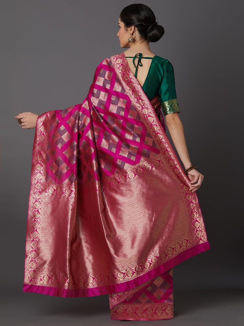 LACOSSI Pure Fancy Kanjivaram Jacquard Silk Saree Banarasi Saree Rich Pallu Design Woven Jacquard Trendy Special Occassion Wear With Unstitched Blouse Piece Jacquard pure SARI (Apple-2535) - Image 4