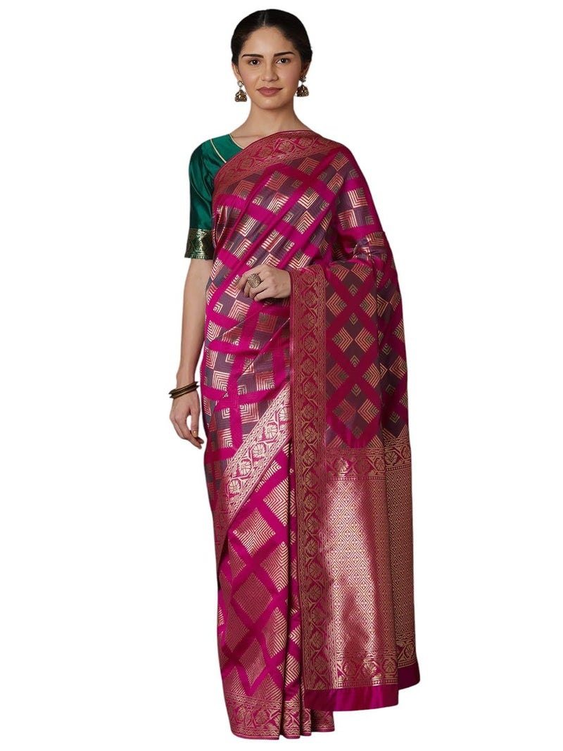 LACOSSI Pure Fancy Kanjivaram Jacquard Silk Saree Banarasi Saree Rich Pallu Design Woven Jacquard Trendy Special Occassion Wear With Unstitched Blouse Piece Jacquard pure SARI (Apple-2535) - Image 1
